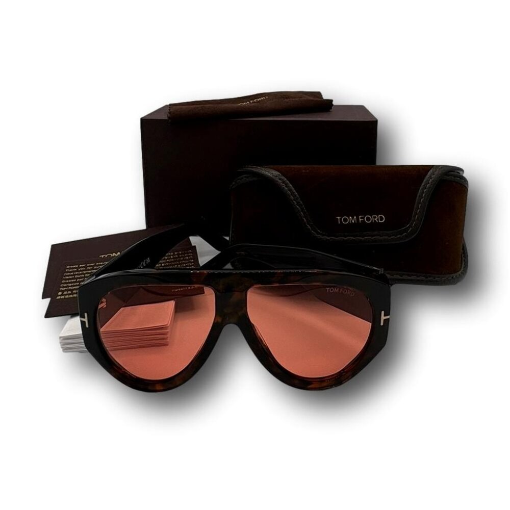 Designer Tom Ford Oversized Tortoise Havana T Aviator Pilot Sunglasses & Case